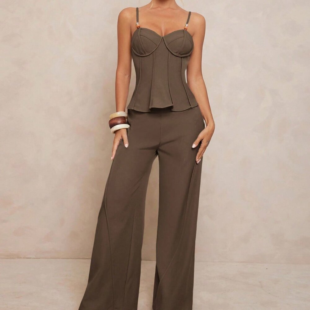 Brown Elegant Women's Beaded Strap Decor Loose Top And Wide Leg Pants Suit Set